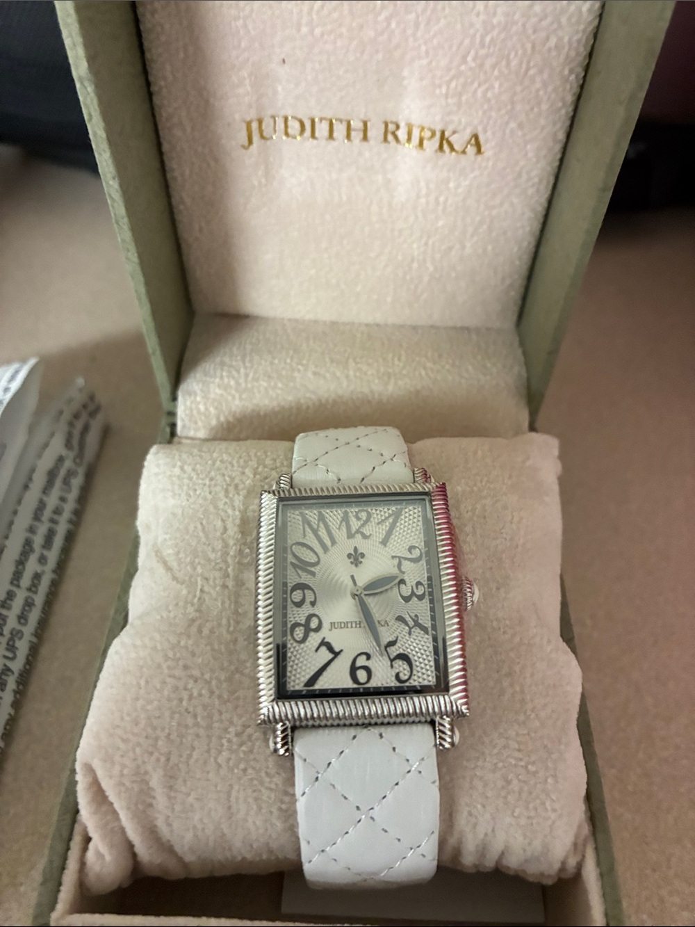 Judith Ripka Silver-Tone Rectangular Watch with White Quilted Strap - Tested